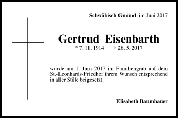 Traueranzeige von Gertrud Eisenbarth  von Gmünder Tagespost