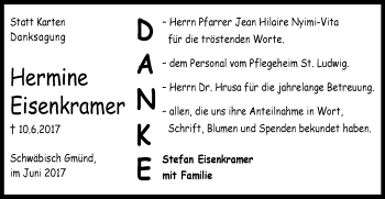 Traueranzeige von Hermine Eisenkramer von Gmünder Tagespost