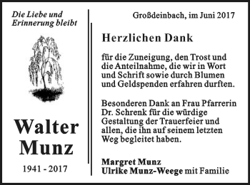 Traueranzeige von Walter Munz von Gmünder Tagespost