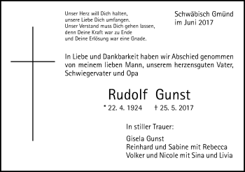 Traueranzeige von Rudolf Gunst von Gmünder Tagespost