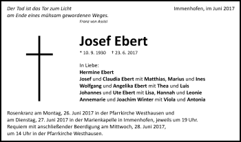 Traueranzeige von Josef Ebert von Schwäbische Post