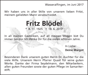 Traueranzeige von Fritz Blödel von Schwäbische Post