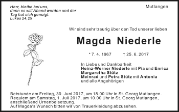 Traueranzeige von Magda Niederle von Gmünder Tagespost