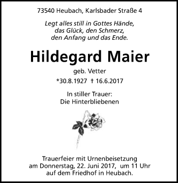 Traueranzeige von Hildegard Maier von Gmünder Tagespost