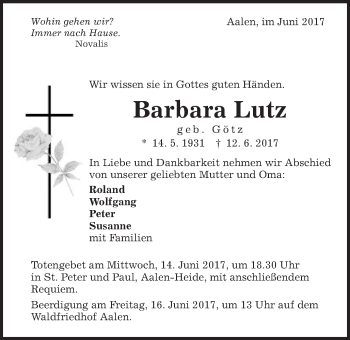 Traueranzeige von Barbara Lutz von Schwäbische Post