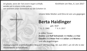 Traueranzeige von Berta Haidinger von Schwäbische Post