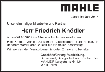 Traueranzeige von Friedrich Knödler von Gmünder Tagespost