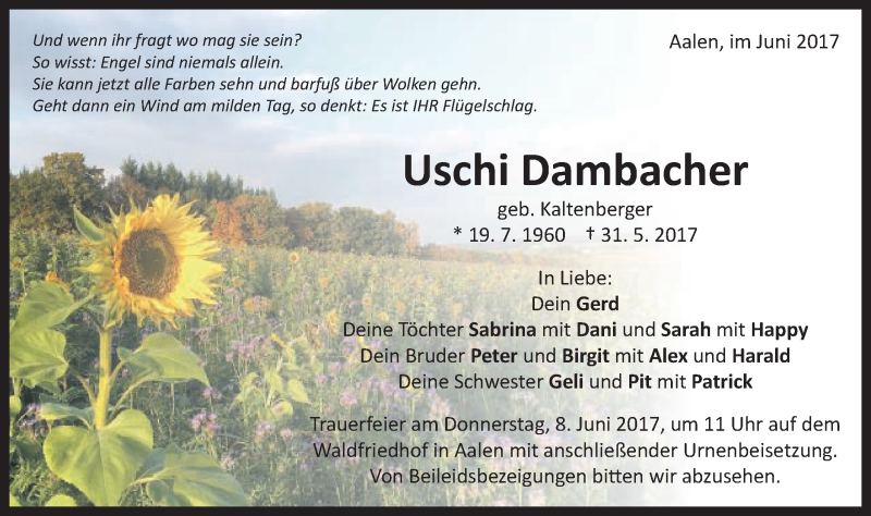  Traueranzeige für Uschi Dambacher vom 03.06.2017 aus Schwäbische Post