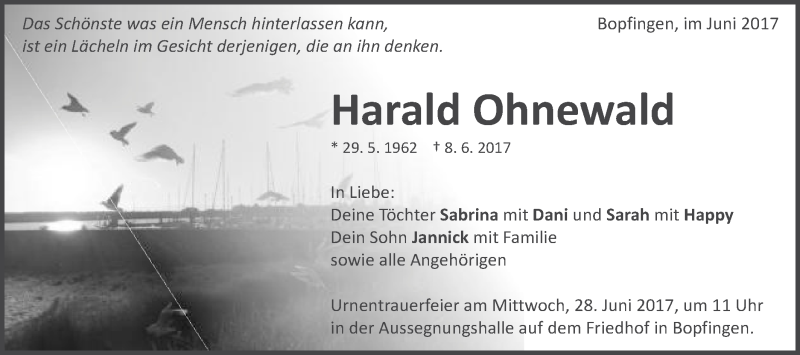  Traueranzeige für Harald Ohnewald vom 24.06.2017 aus Schwäbische Post