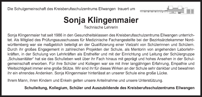  Traueranzeige für Sonja Klingenmaier vom 10.06.2017 aus Schwäbische Post
