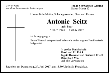 Traueranzeige von Antonie Seitz von Gmünder Tagespost