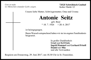 Traueranzeige von Antonie Seitz