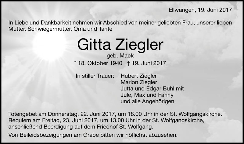  Traueranzeige für Gitta Ziegler vom 21.06.2017 aus Schwäbische Post