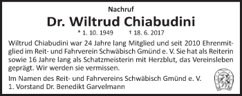 Traueranzeige von Wiltrud Chiabudini von Gmünder Tagespost