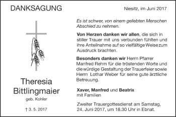 Traueranzeige von Theresia Bittlingsmaier von Schwäbische Post