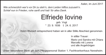Traueranzeige von Elfriede Iovine von Schwäbische Post