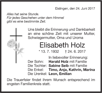 Traueranzeige von Elisabeth Holz von Gmünder Tagespost