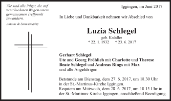 Traueranzeige von Luzia Schlegel von Gmünder Tagespost