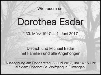 Traueranzeige von Dorothea Esdar von Schwäbische Post