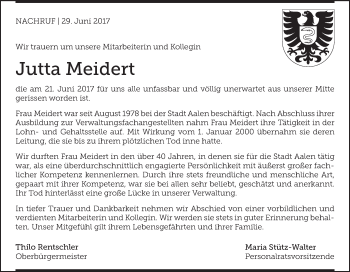 Traueranzeige von Jutta Meidert von Schwäbische Post