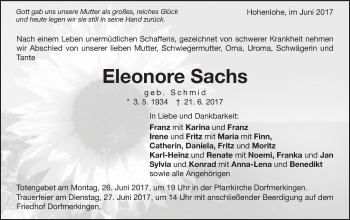 Traueranzeige von Eleonore Sachs von Schwäbische Post