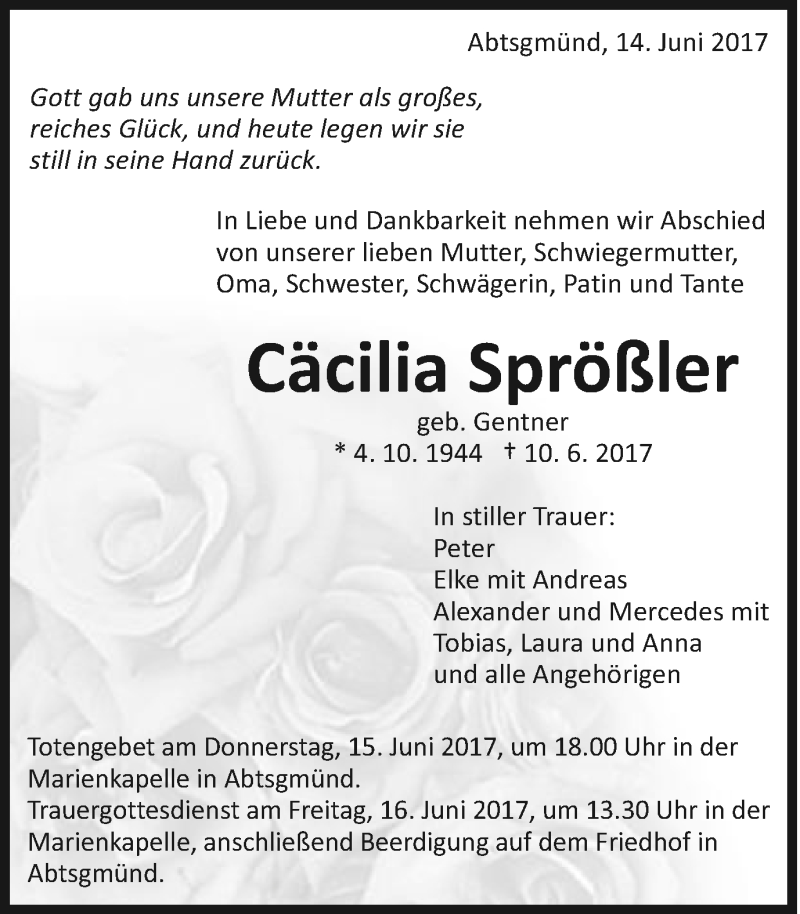  Traueranzeige für Cäcilia Sprößler vom 14.06.2017 aus Schwäbische Post