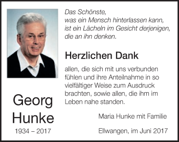 Traueranzeige von Georg Hunke von Schwäbische Post