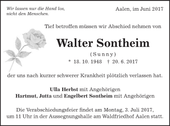 Traueranzeige von Walter Sontheim von Schwäbische Post