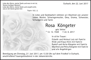 Traueranzeige von Rosa Köngeter von Gmünder Tagespost