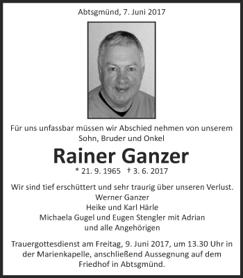Traueranzeige von Rainer Ganzer von Schwäbische Post