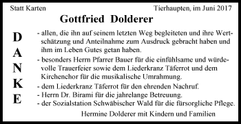 Traueranzeige von Gottfried Dolderer von Gmünder Tagespost