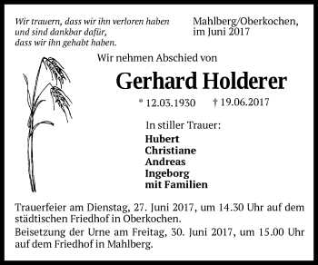 Traueranzeige von Gerhard Holderer von Schwäbische Post