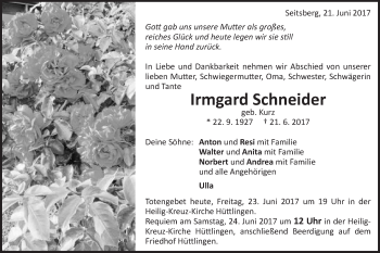 Traueranzeige von Irmgard Schneider von Schwäbische Post