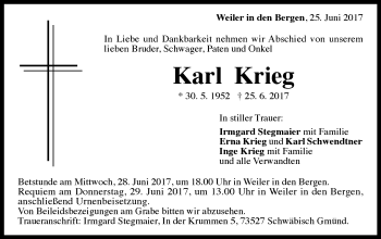 Traueranzeige von Karl Krieg von Gmünder Tagespost