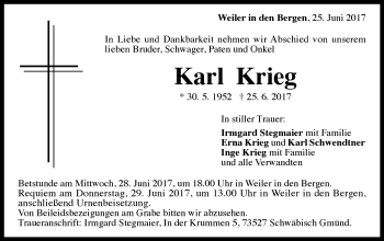 Traueranzeige von Karl Krieg