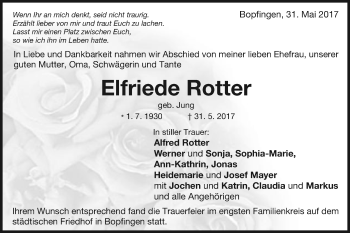 Traueranzeige von Elfriede Rotter von Schwäbische Post