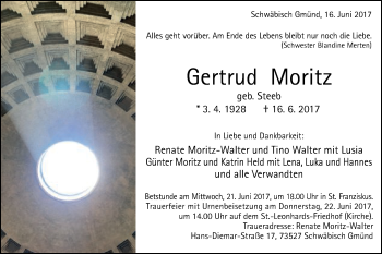 Traueranzeige von Gertrud Moritz von Gmünder Tagespost