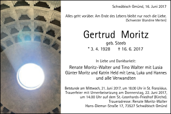 Traueranzeige von Gertrud Moritz