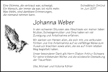 Traueranzeige von Johanna Weber von Gmünder Tagespost