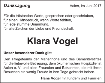 Traueranzeige von Klara Vogel von Schwäbische Post