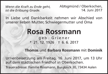 Traueranzeige von Rosa Rossmann  von Schwäbische Post
