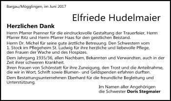Traueranzeige von Elfriede Hudelmaier von Gmünder Tagespost