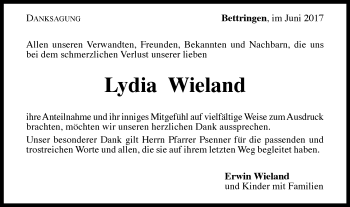 Traueranzeige von Lydia Wieland von Gmünder Tagespost