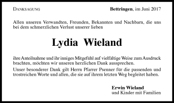 Traueranzeige von Lydia Wieland