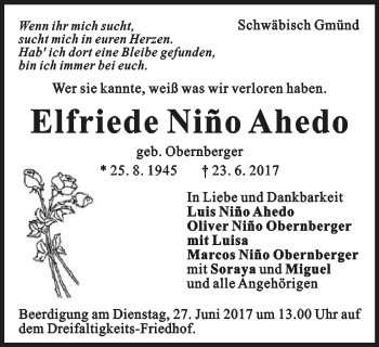Traueranzeige von Elfriede Nino Ahedo von Gmünder Tagespost