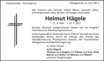 Traueranzeige von Helmut Hägele von Schwäbische Post