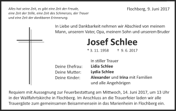 Traueranzeige von Josef Schlee von Schwäbische Post