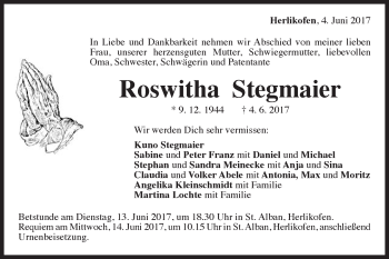 Traueranzeige von Roswitha Stegmaier von Gmünder Tagespost