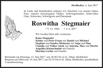 Traueranzeige von Roswitha Stegmaier