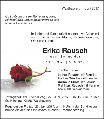 Traueranzeige von Erika Rausch von Schwäbische Post